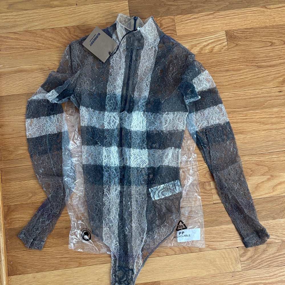 Burberry Sheer Plaid Long Sleeve Bodysuit